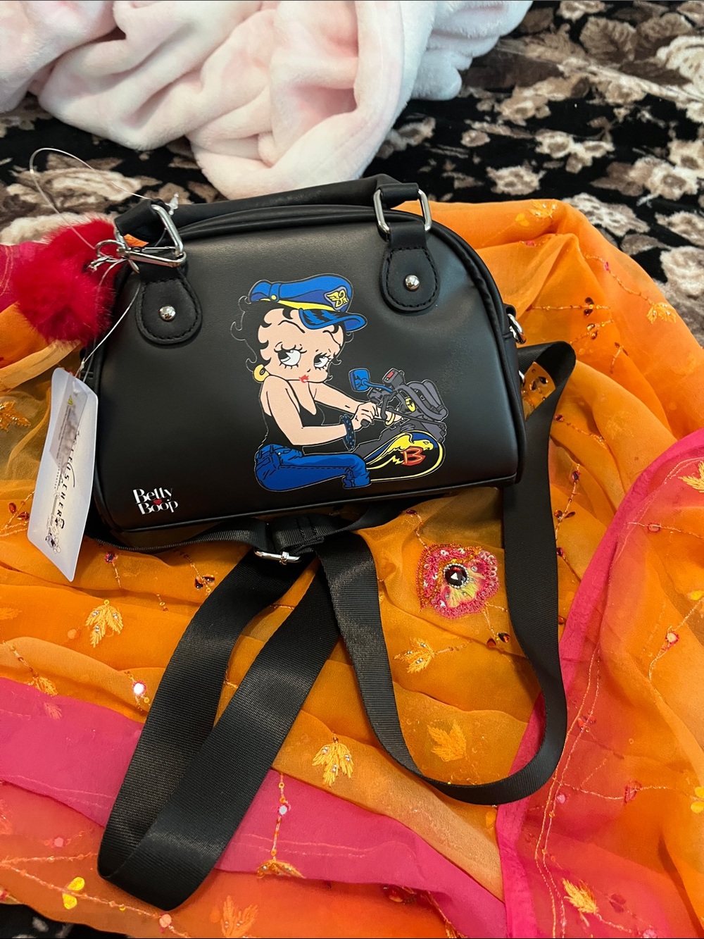 Betty Boop Black Crossbody Bag with Blue and Yellow Artwork